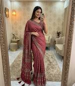 Red Color Print And Real Mirror Work Silk Blend Saree