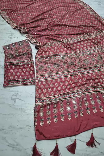 Red Color Print And Real Mirror Work Silk Blend Saree