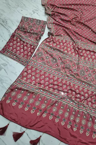 Red Color Print And Real Mirror Work Silk Blend Saree