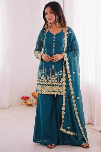 teal embroidery sequence silk blend kurta set
