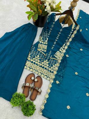 teal color embroidery sequence work   silk blend   kurta set 4
