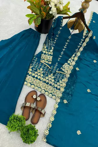 teal color embroidery sequence work   silk blend   kurta set