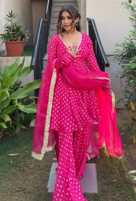 rani pink real mirror less work jacquard chandheri kurta set 1