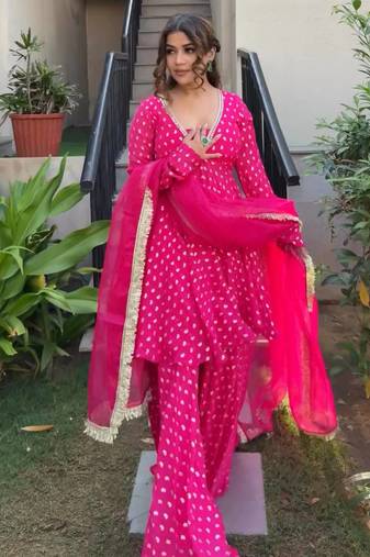 rani pink mirror less jacquard chandheri kurta set