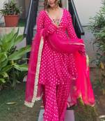 rani pink real mirror less work jacquard chandheri kurta set