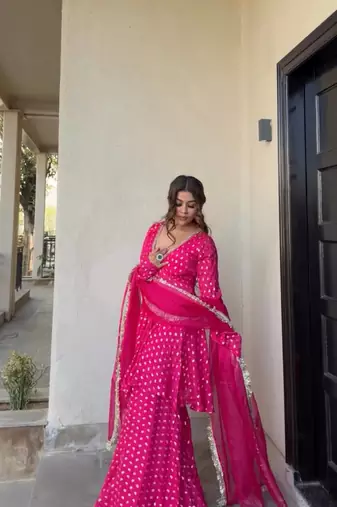 rani pink real mirror less work jacquard chandheri kurta set