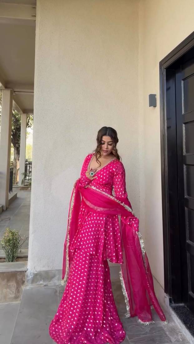 rani pink real mirror less work jacquard chandheri kurta set