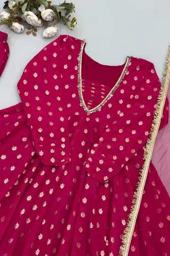 rani pink real mirror less work jacquard chandheri kurta set