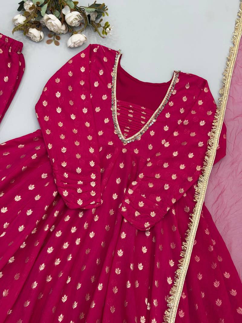 rani pink real mirror less work jacquard chandheri kurta set