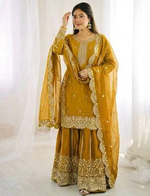 yellow color embroidery coding and sequence work   silk blend   kurta set 1