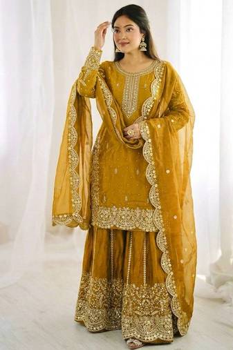 yellow color embroidery coding and sequence work   silk blend   kurta set