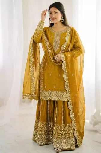 yellow color embroidery coding and sequence work   silk blend   kurta set