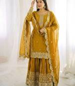 yellow color embroidery coding and sequence work   silk blend   kurta set