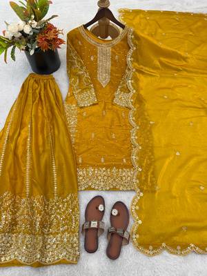 yellow color embroidery coding and sequence work   silk blend   kurta set 3