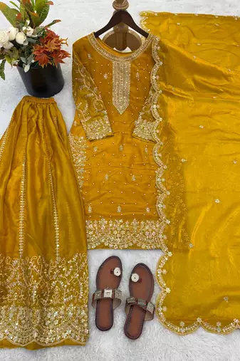 yellow color embroidery coding and sequence work   silk blend   kurta set
