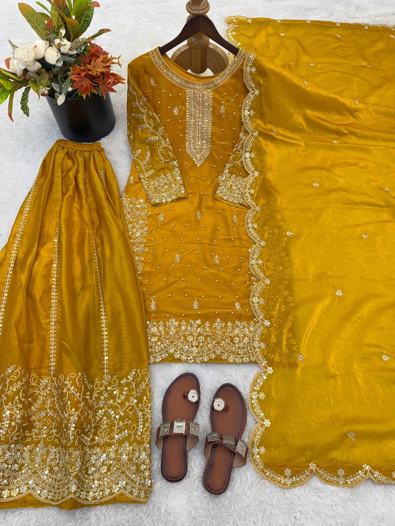 yellow color embroidery coding and sequence work   silk blend   kurta set