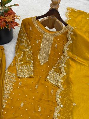 yellow color embroidery coding and sequence work   silk blend   kurta set 4