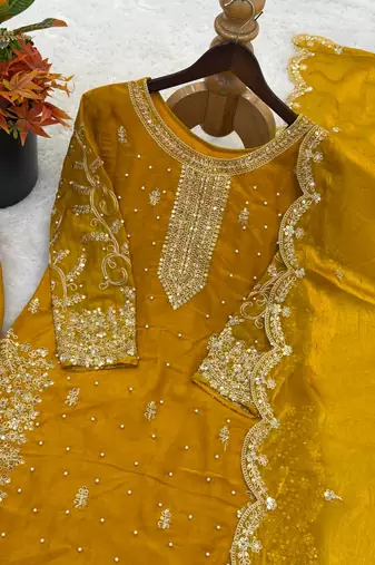 yellow color embroidery coding and sequence work   silk blend   kurta set