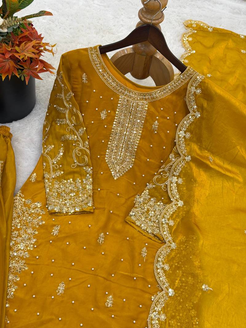 yellow color embroidery coding and sequence work   silk blend   kurta set