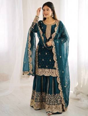 teal color embroidery coding and sequence work   silk blend   kurta set 1