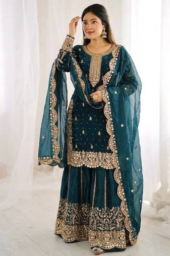 teal color embroidery coding and sequence work   silk blend   kurta set