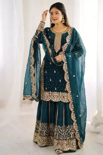 teal color embroidery coding and sequence work   silk blend   kurta set