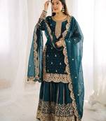 teal color embroidery coding and sequence work   silk blend   kurta set