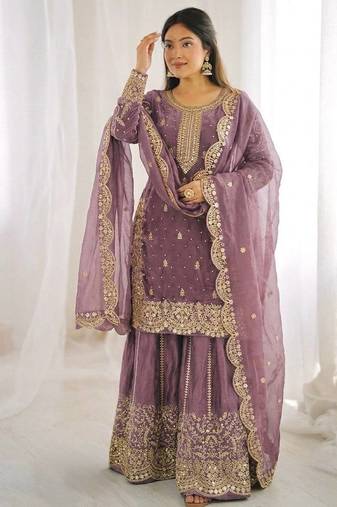 lavender color embroidery coding and sequence work   silk blend   kurta set