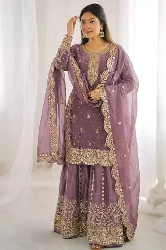 lavender color embroidery coding and sequence work   silk blend   kurta set