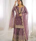 lavender color embroidery coding and sequence work   silk blend   kurta set