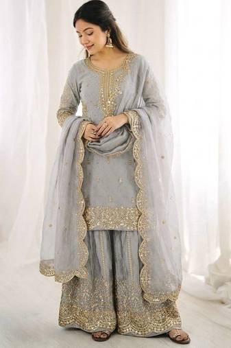 grey color embroidery coding and sequence work   silk blend   kurta set