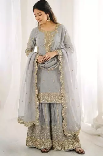 grey color embroidery coding and sequence work   silk blend   kurta set