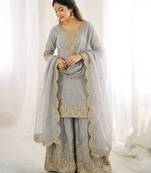 grey color embroidery coding and sequence work   silk blend   kurta set