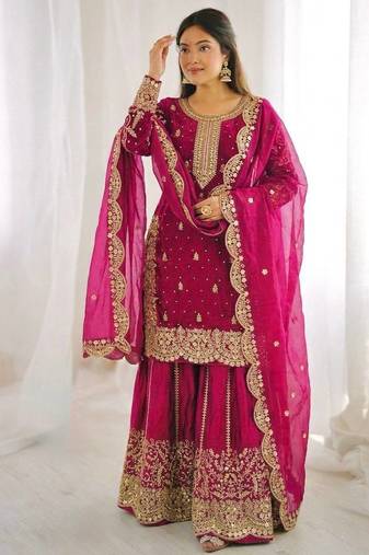 rani pink color embroidery coding and sequence work   silk blend   kurta set