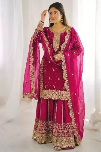 rani pink color embroidery coding and sequence work   silk blend   kurta set