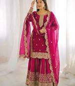 rani pink color embroidery coding and sequence work   silk blend   kurta set