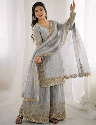 grey color embroidery coding and sequence work   silk blend   kurta set 2