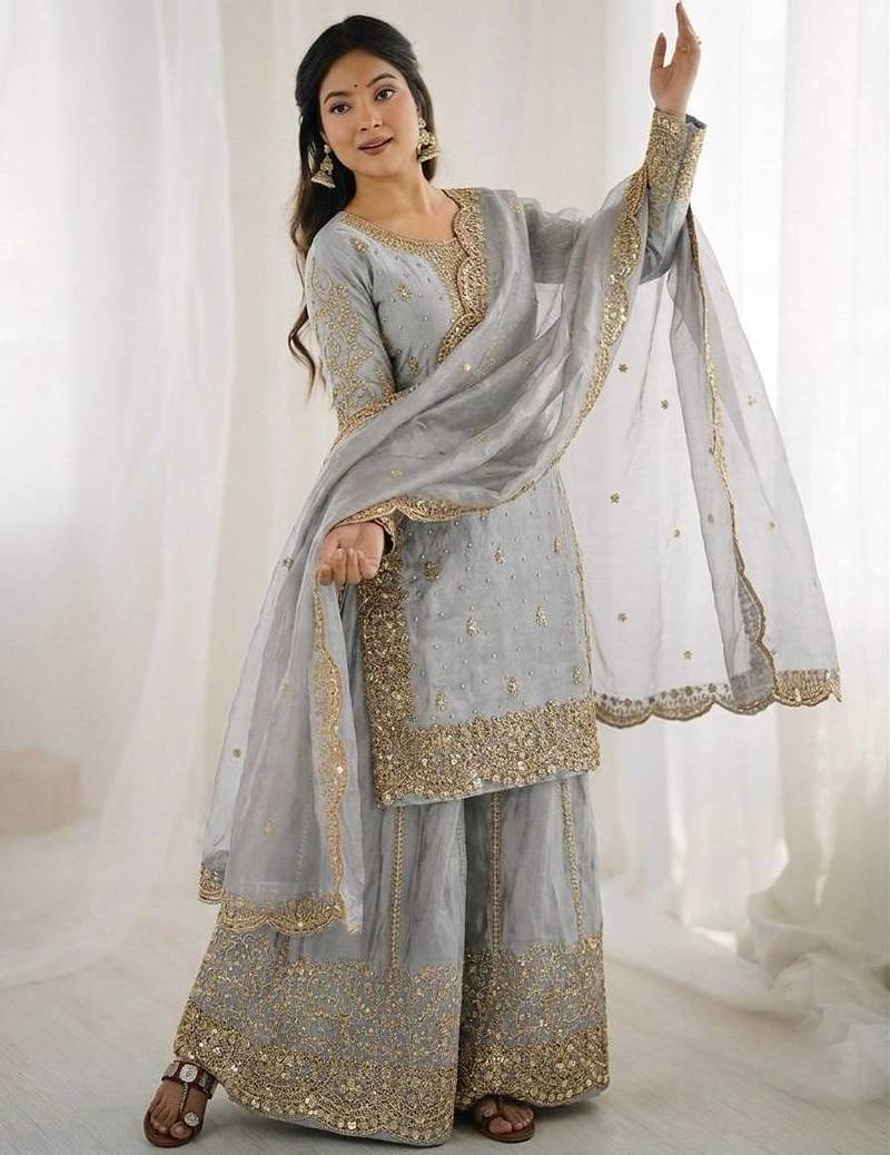 grey color embroidery coding and sequence work   silk blend   kurta set