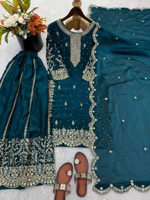 teal color embroidery coding and sequence work   silk blend   kurta set 3