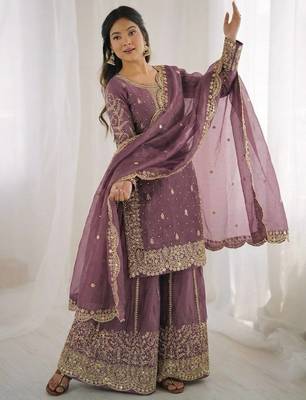 lavender color embroidery coding and sequence work   silk blend   kurta set 2
