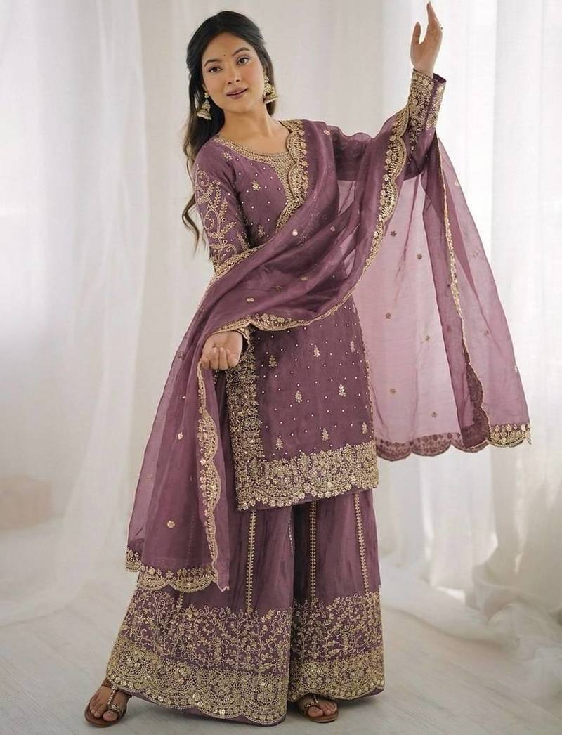 lavender color embroidery coding and sequence work   silk blend   kurta set