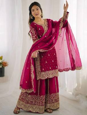 rani pink color embroidery coding and sequence work   silk blend   kurta set 2
