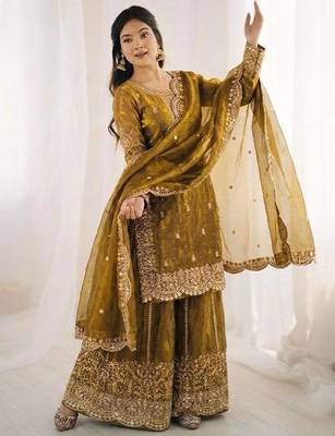 mustard color embroidery coding and sequence work   silk blend   kurta set 2