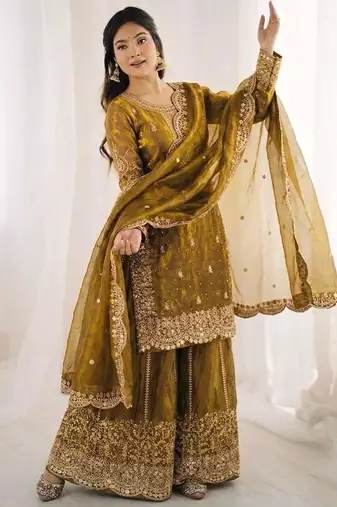 mustard color embroidery coding and sequence work   silk blend   kurta set