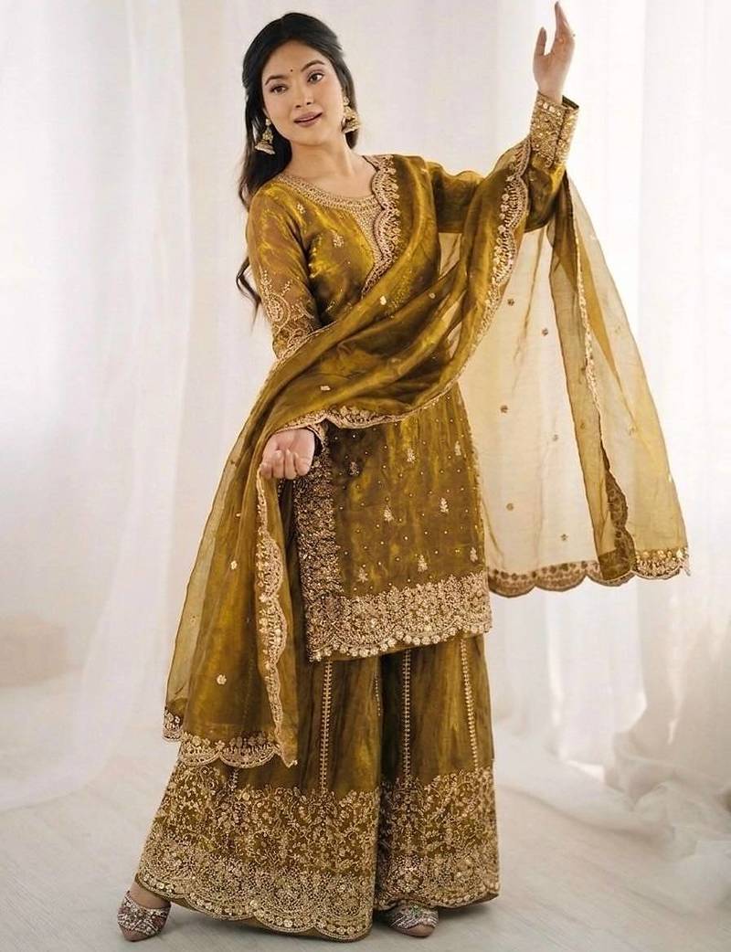 mustard color embroidery coding and sequence work   silk blend   kurta set