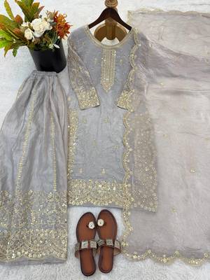 grey color embroidery coding and sequence work   silk blend   kurta set 3