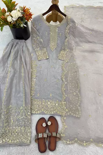 grey color embroidery coding and sequence work   silk blend   kurta set