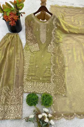 olive color embroidery coding and sequence work   silk blend   kurta set