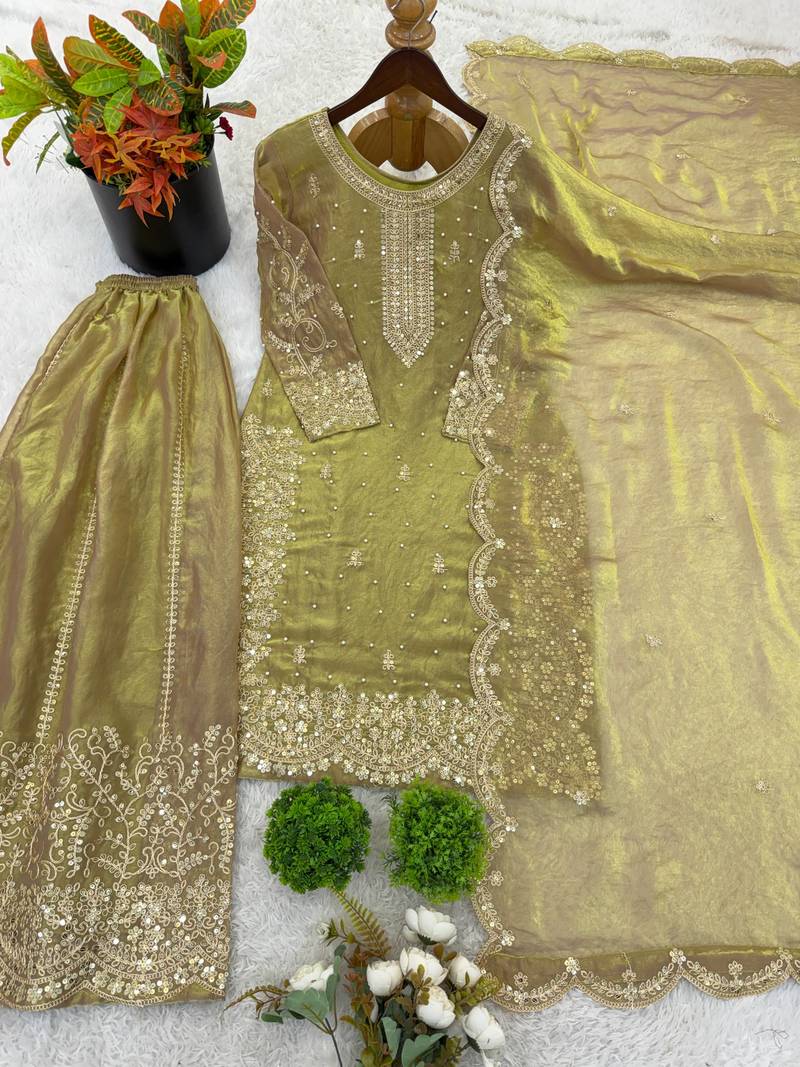olive color embroidery coding and sequence work   silk blend   kurta set
