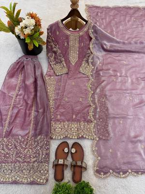 lavender color embroidery coding and sequence work   silk blend   kurta set 3
